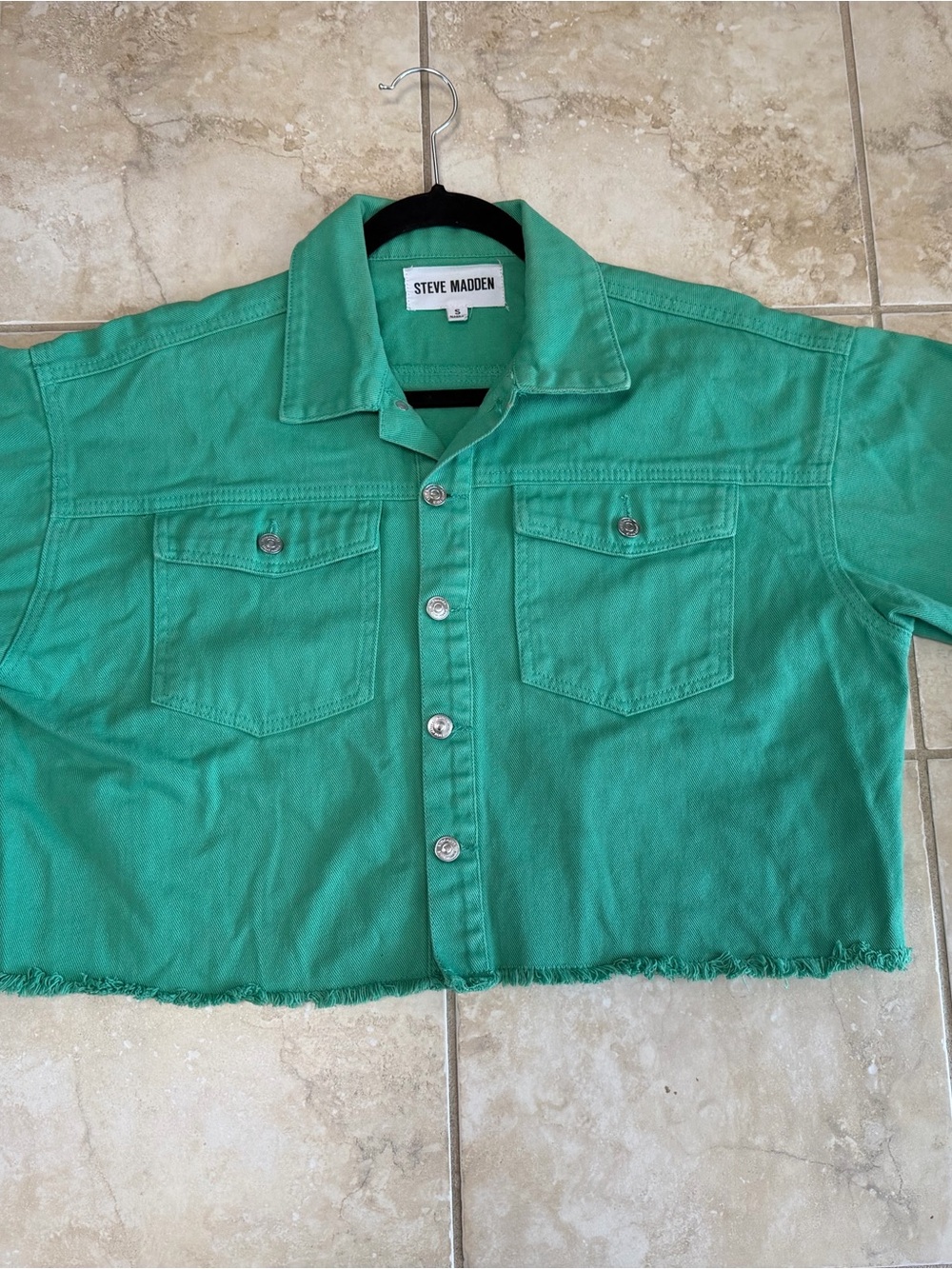 Steve Madden Women’s Small Green Cropped Cotton Jacket Raw Hem Button Front - Picture 7 of 13